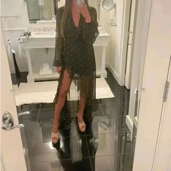 CAROLINE CONSTAS Vivian Winter Rose Black Floral Full Length 100% Silk Dress XS - Picture 8 of 15